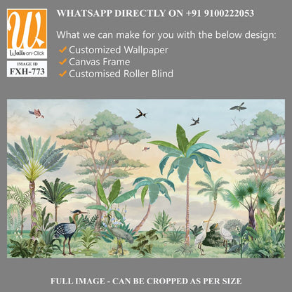 Stunning wall murals Illustration for Wall, Tropical plant with Watercolor background,Birds, Animals. [WP-FXH-773]