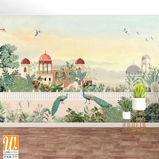 Mughal Garden Illustration, Mughal Landscape Wall Mural Design, Mural Illustration. [WP-FXH-777]