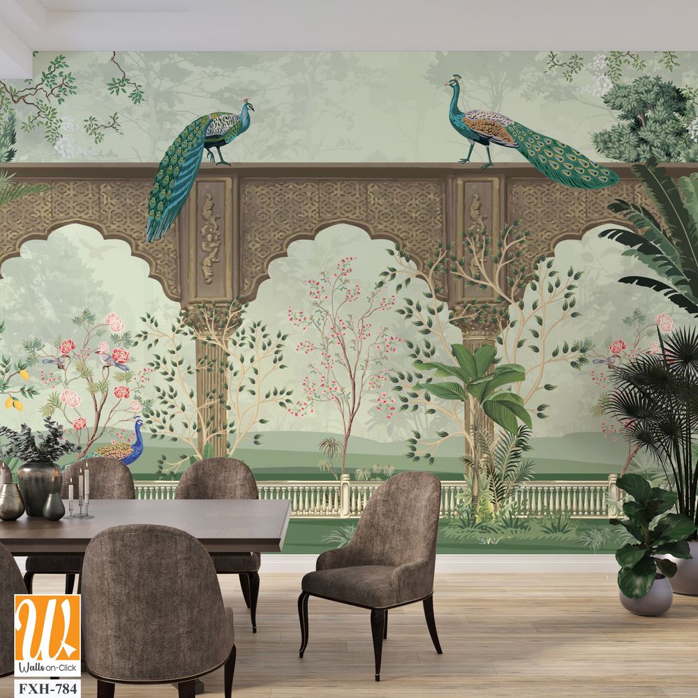 Traditional Mughal Mural Background Design, Mughal Arch with Peacock and Tropical plant, Watercolor background. [WP-FXH-784]