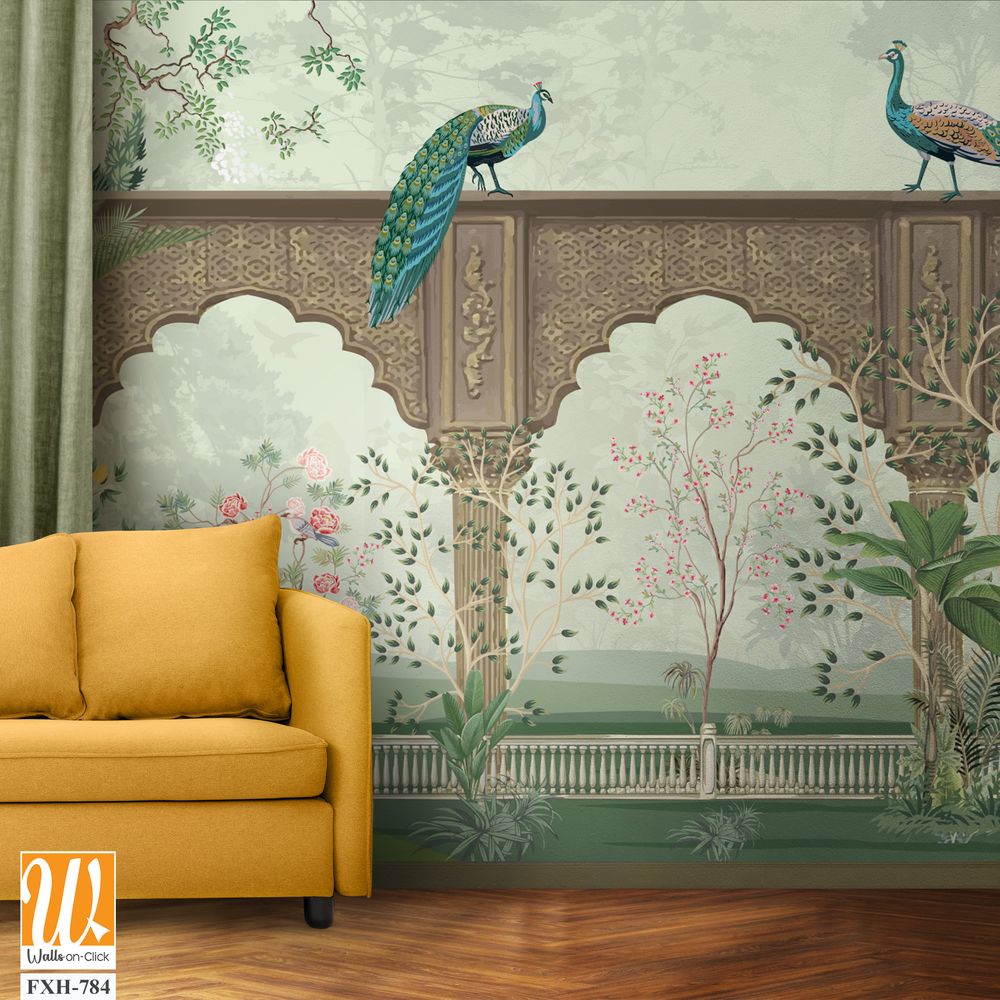 Traditional Mughal Mural Background Design, Mughal Arch with Peacock and Tropical plant, Watercolor background. [WP-FXH-784]