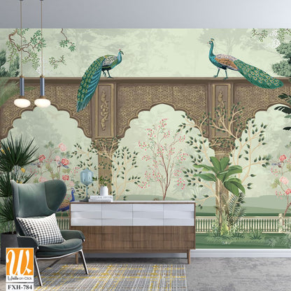 Traditional Mughal Mural Background Design, Mughal Arch with Peacock and Tropical plant, Watercolor background. [WP-FXH-784]