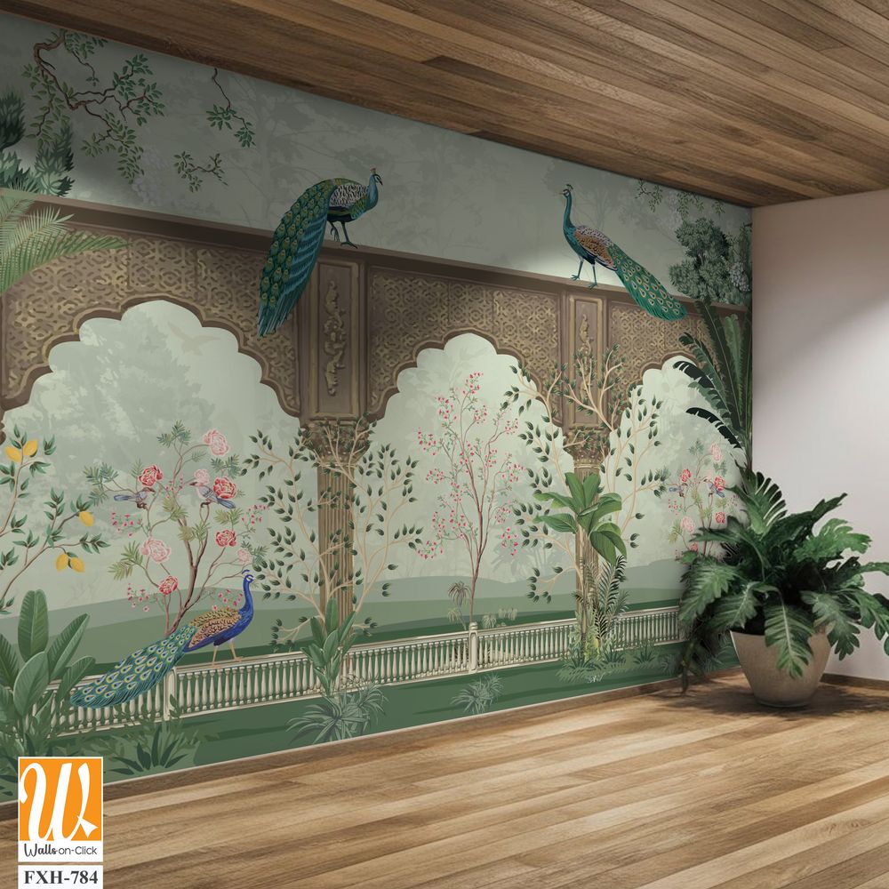 Traditional Mughal Mural Background Design, Mughal Arch with Peacock and Tropical plant, Watercolor background. [WP-FXH-784]