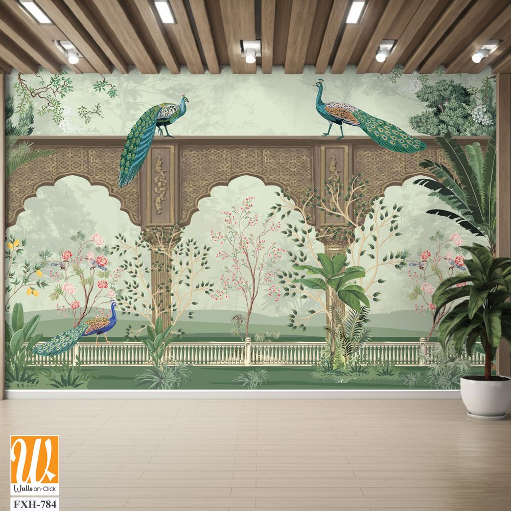 Traditional Mughal Mural Background Design, Mughal Arch with Peacock and Tropical plant, Watercolor background. [WP-FXH-784]