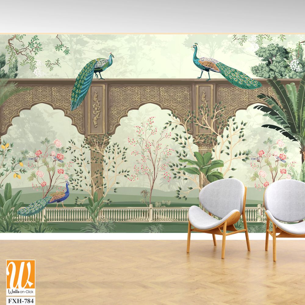 Traditional Mughal Mural Background Design, Mughal Arch with Peacock and Tropical plant, Watercolor background. [WP-FXH-784]