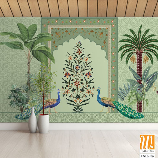 Traditional Mughal Wall Mural Wallpaper, Seamless Wallpaper Design, Mughal Arch with Flower, Peacock, Trees. [WP-FXH-786]