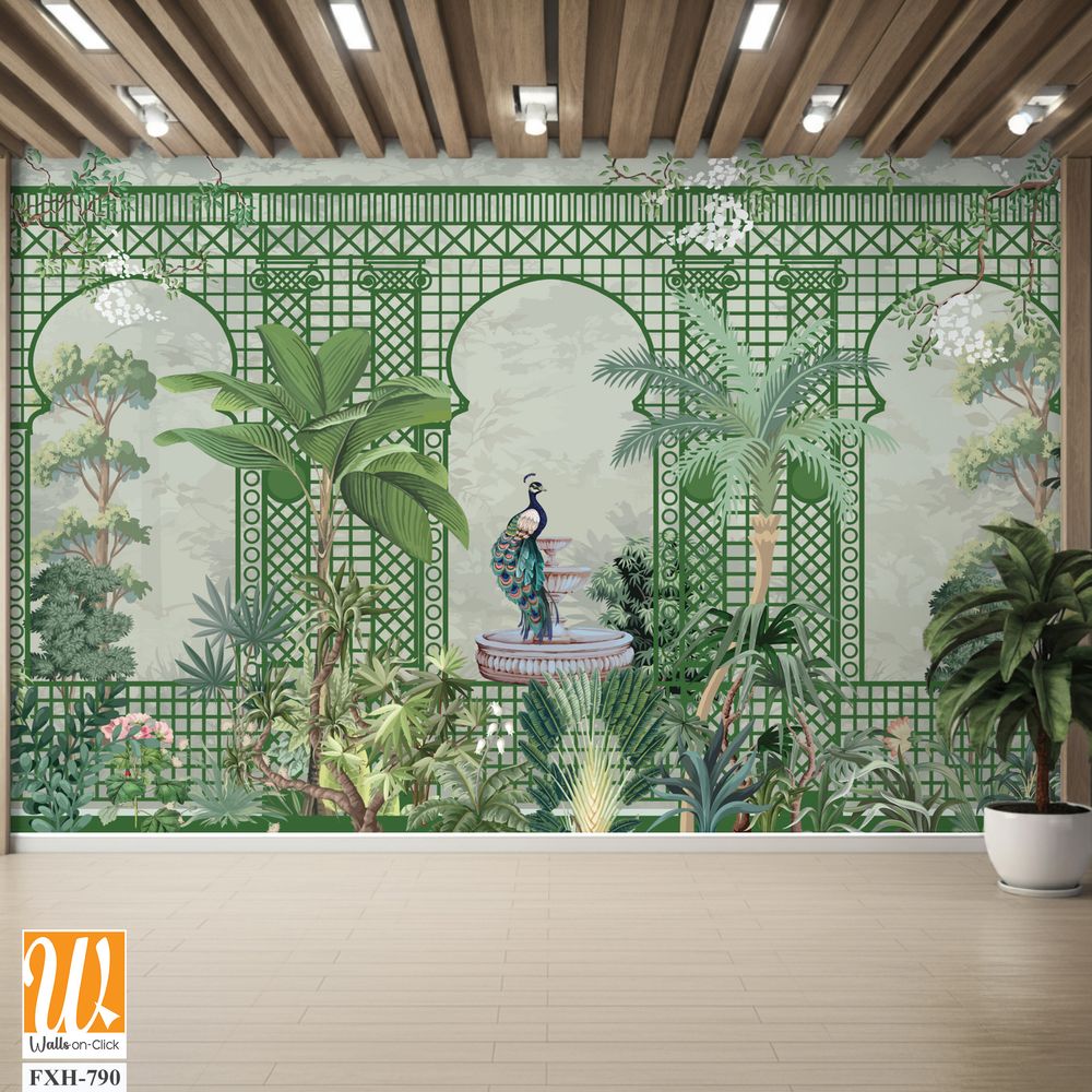 Decorative Wall Mural Design, Lattice Wall Design, Garden Wall Mural Design, Peacock, Tropical Plants. [WP-FXH-790]