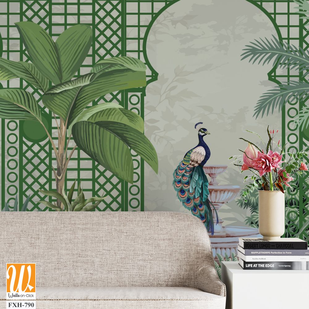 Decorative Wall Mural Design, Lattice Wall Design, Garden Wall Mural Design, Peacock, Tropical Plants. [WP-FXH-790]