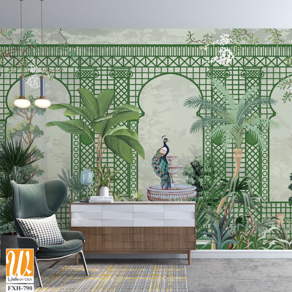 Decorative Wall Mural Design, Lattice Wall Design, Garden Wall Mural Design, Peacock, Tropical Plants. [WP-FXH-790]