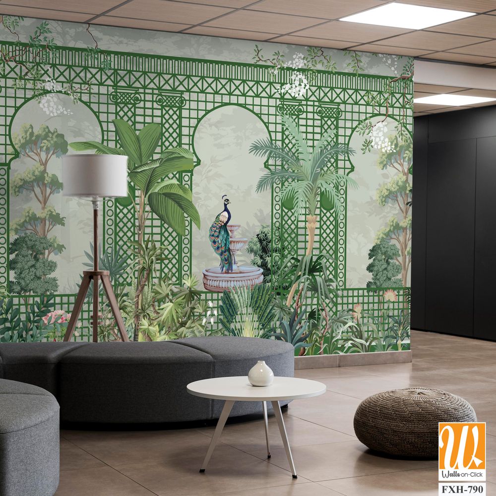 Decorative Wall Mural Design, Lattice Wall Design, Garden Wall Mural Design, Peacock, Tropical Plants. [WP-FXH-790]