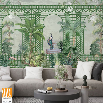 Decorative Wall Mural Design, Lattice Wall Design, Garden Wall Mural Design, Peacock, Tropical Plants. [WP-FXH-790]