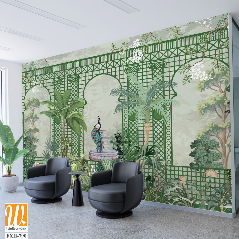 Decorative Wall Mural Design, Lattice Wall Design, Garden Wall Mural Design, Peacock, Tropical Plants. [WP-FXH-790]