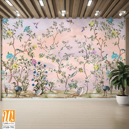 Origin Murals Chinoiserie Floral Tree Wall Mural in Peach Background. Animals and Birds. [WP-FXH-791]