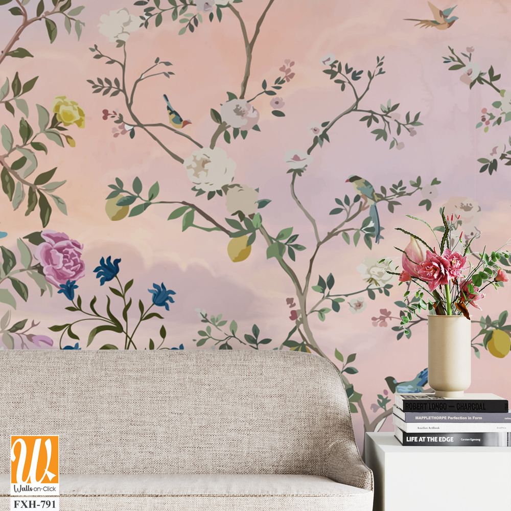 Origin Murals Chinoiserie Floral Tree Wall Mural in Peach Background. Animals and Birds. [WP-FXH-791]