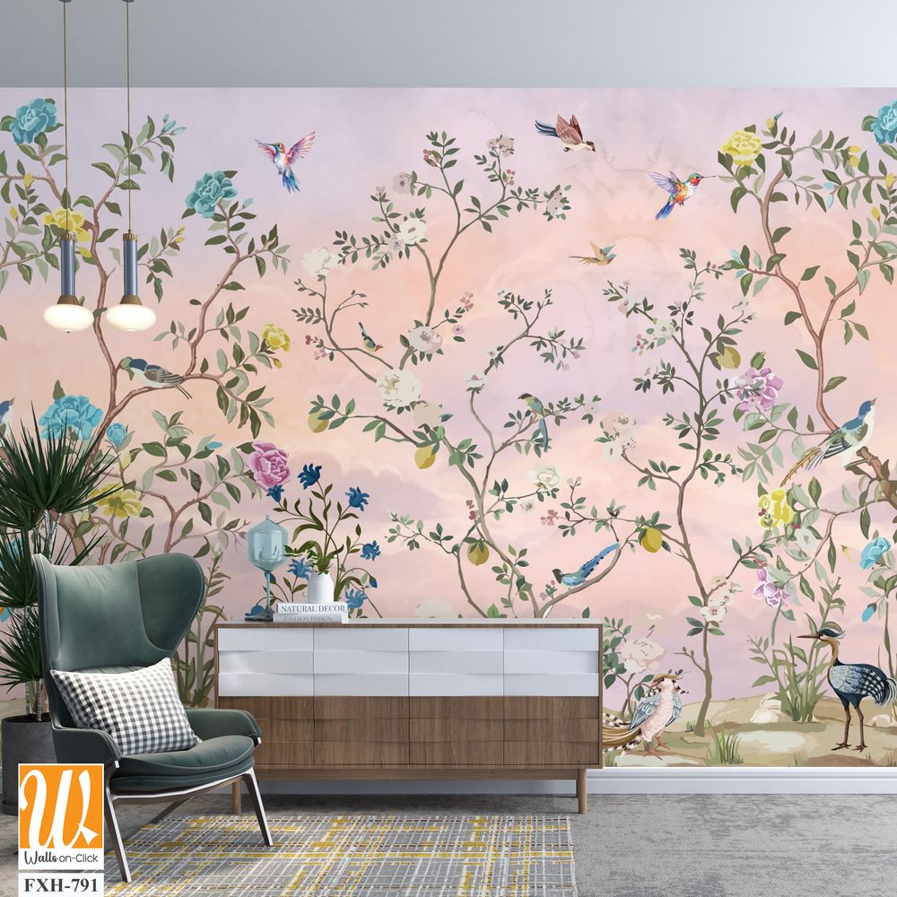 Origin Murals Chinoiserie Floral Tree Wall Mural in Peach Background. Animals and Birds. [WP-FXH-791]