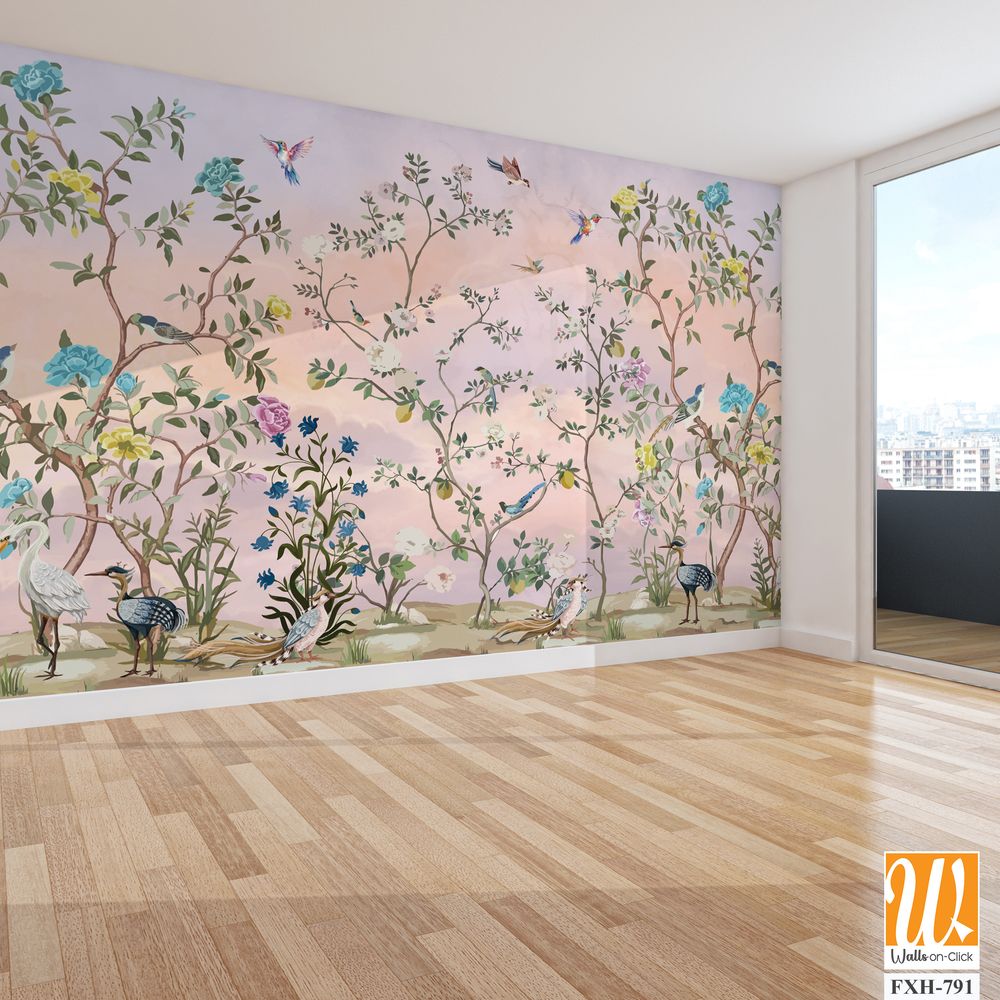 Origin Murals Chinoiserie Floral Tree Wall Mural in Peach Background. Animals and Birds. [WP-FXH-791]