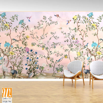 Origin Murals Chinoiserie Floral Tree Wall Mural in Peach Background. Animals and Birds. [WP-FXH-791]