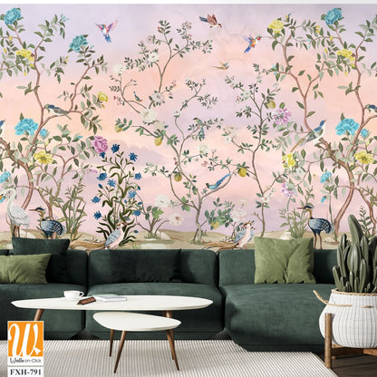 Origin Murals Chinoiserie Floral Tree Wall Mural in Peach Background. Animals and Birds. [WP-FXH-791]