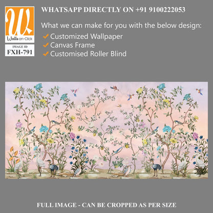 Origin Murals Chinoiserie Floral Tree Wall Mural in Peach Background. Animals and Birds. [WP-FXH-791]