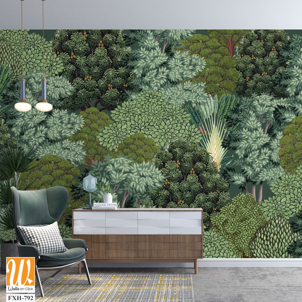 Traditional Mughal tree Wall Mural Design, Seamless Tree Wall Background, Decoration Design for Wedding Decor. [WP-FXH-792]