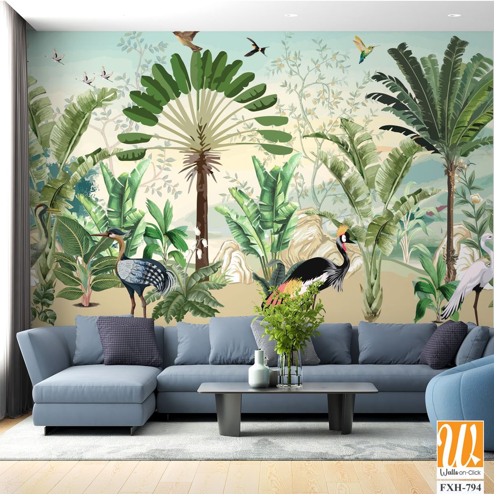 African Wild Life Mural Design for wall Painting, Tropical Wall Mural, Tropical Plam trees, Birds, Vintage waal Murals. [WP-FXH-794]