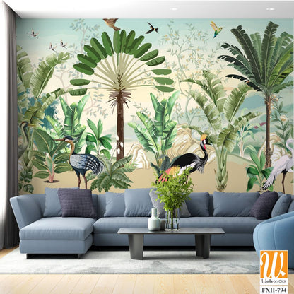 African Wild Life Mural Design for wall Painting, Tropical Wall Mural, Tropical Plam trees, Birds, Vintage waal Murals. [WP-FXH-794]