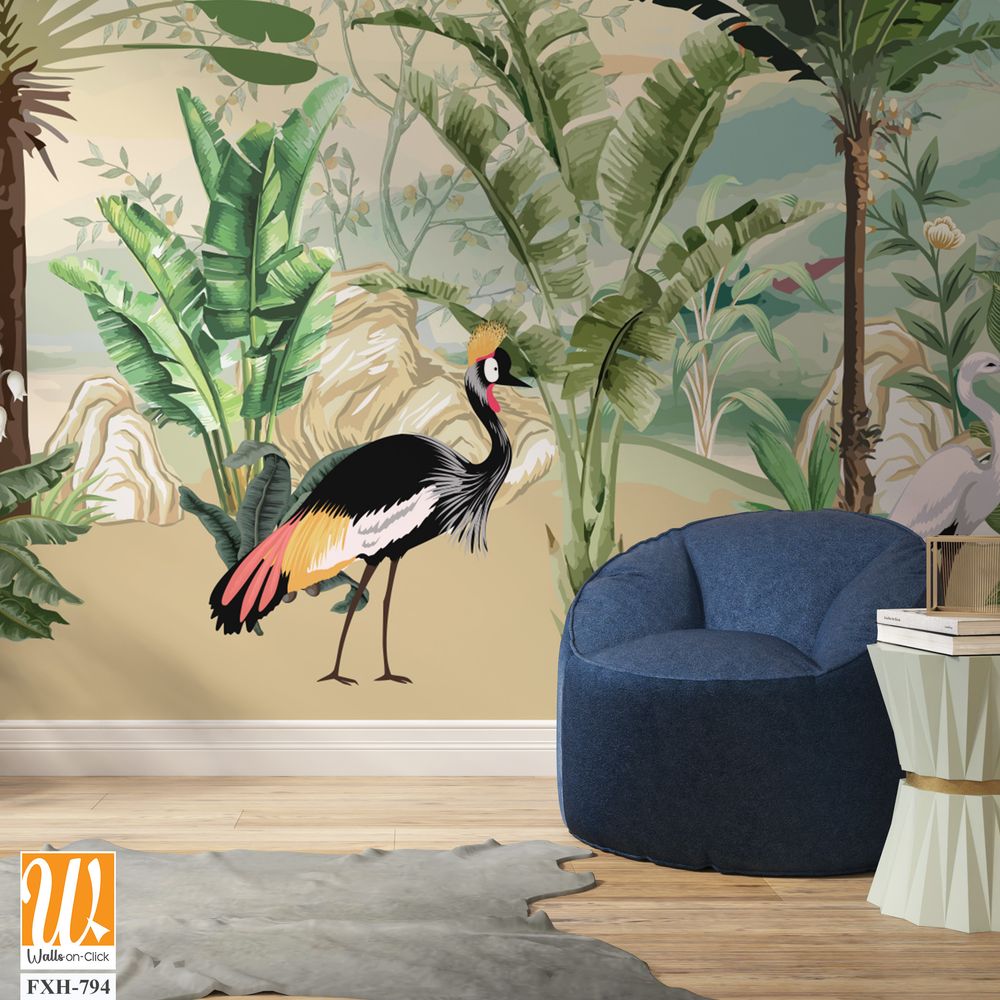 African Wild Life Mural Design for wall Painting, Tropical Wall Mural, Tropical Plam trees, Birds, Vintage waal Murals. [WP-FXH-794]