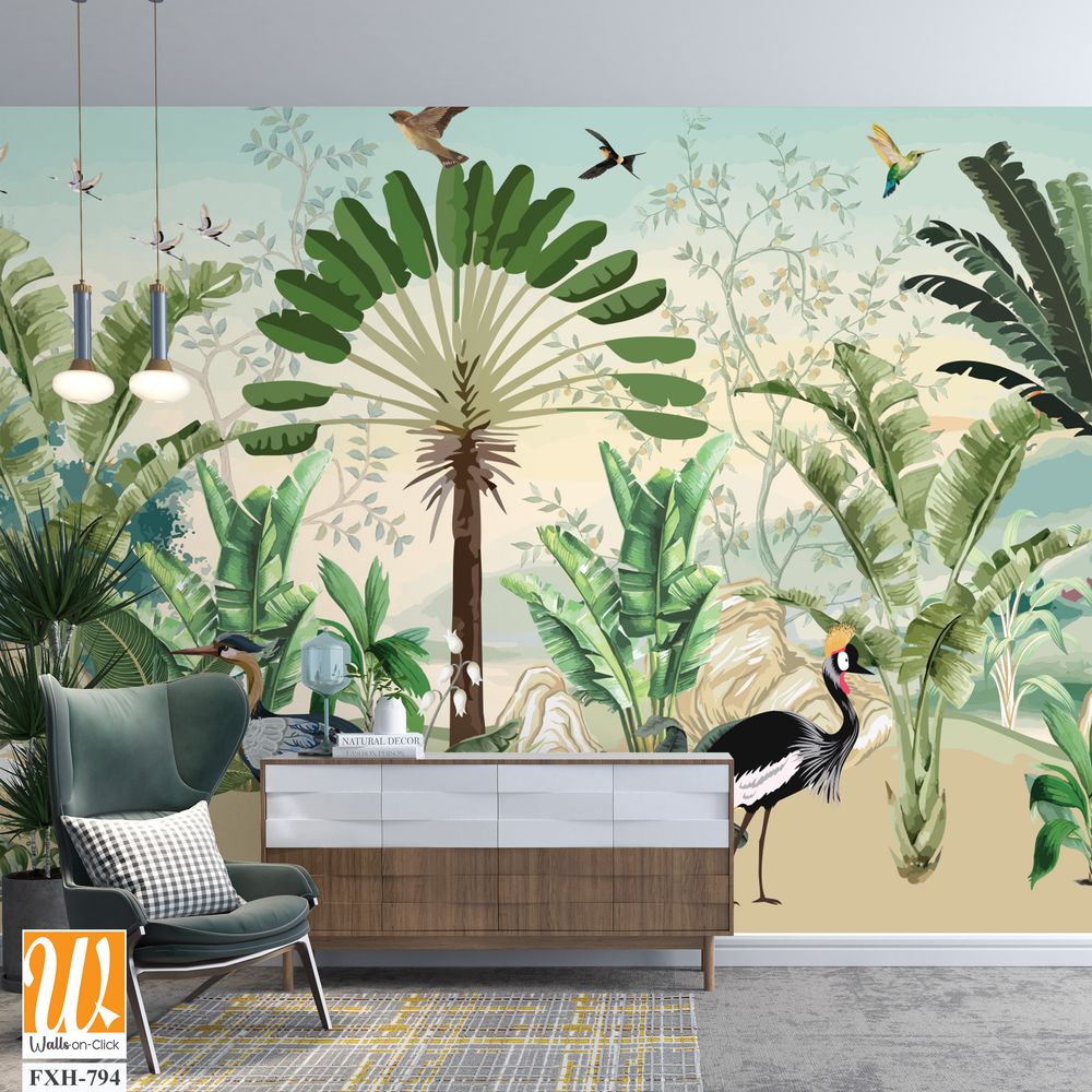 African Wild Life Mural Design for wall Painting, Tropical Wall Mural, Tropical Plam trees, Birds, Vintage waal Murals. [WP-FXH-794]