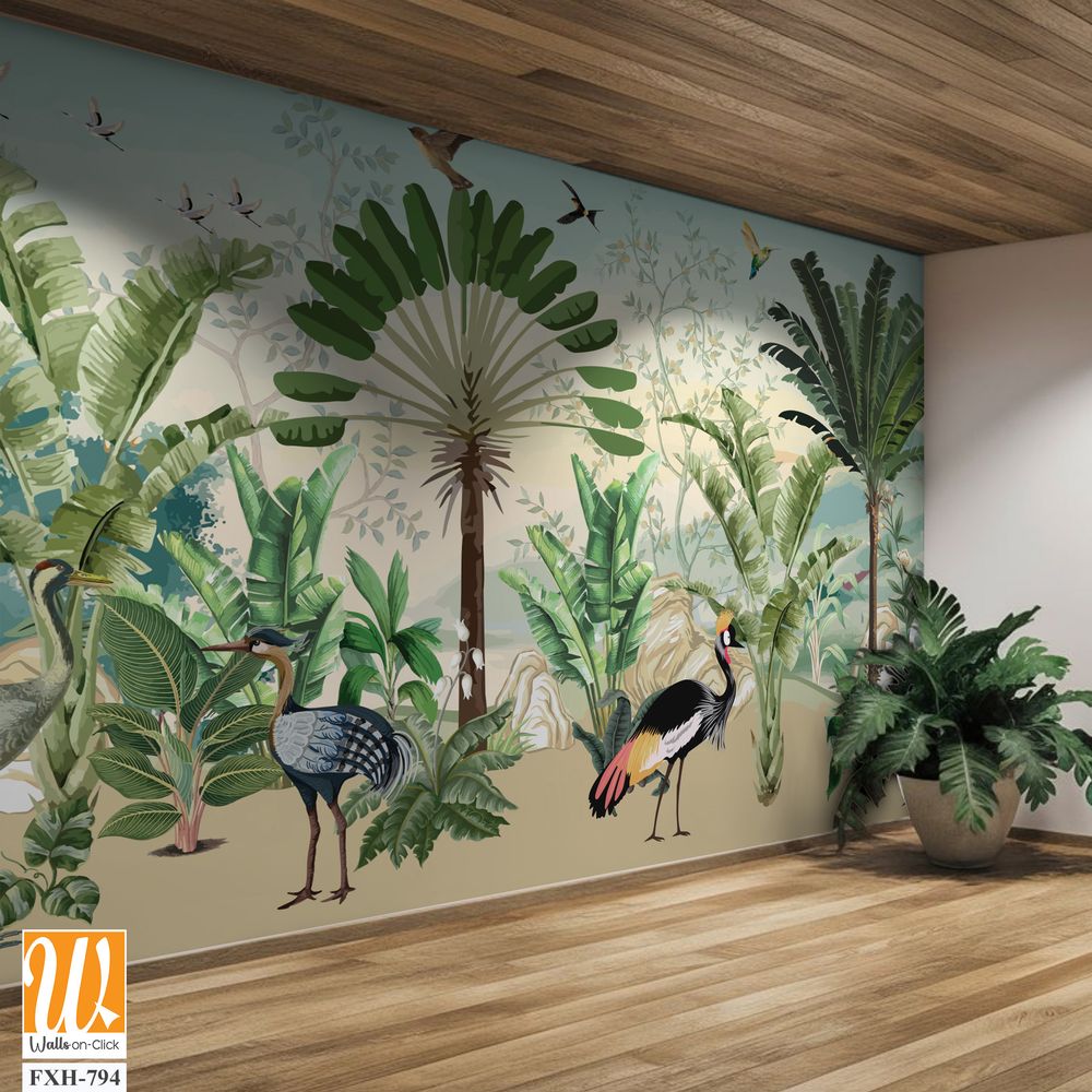 African Wild Life Mural Design for wall Painting, Tropical Wall Mural, Tropical Plam trees, Birds, Vintage waal Murals. [WP-FXH-794]