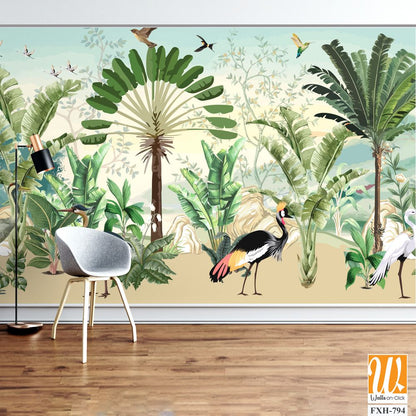 African Wild Life Mural Design for wall Painting, Tropical Wall Mural, Tropical Plam trees, Birds, Vintage waal Murals. [WP-FXH-794]