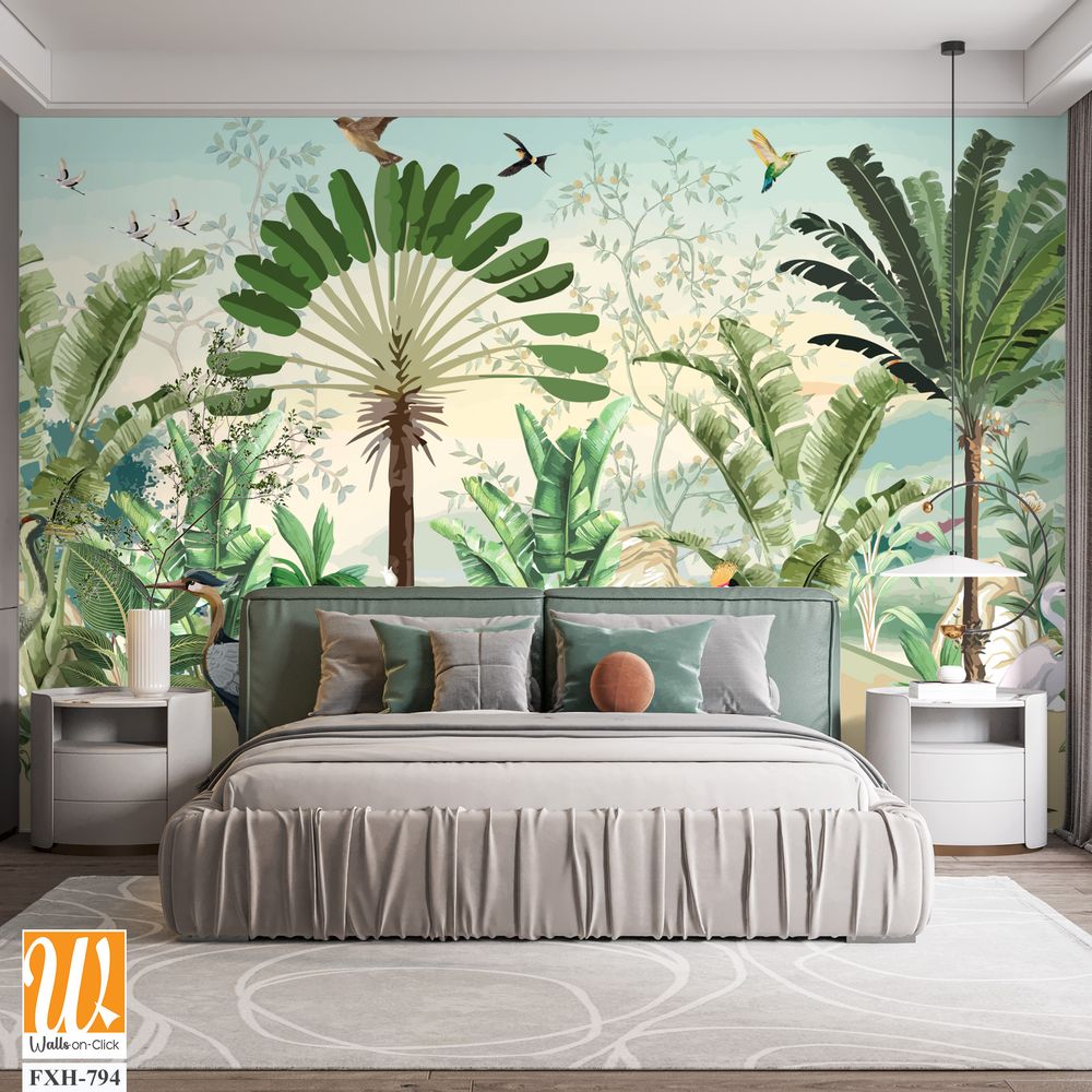 African Wild Life Mural Design for wall Painting, Tropical Wall Mural, Tropical Plam trees, Birds, Vintage waal Murals. [WP-FXH-794]