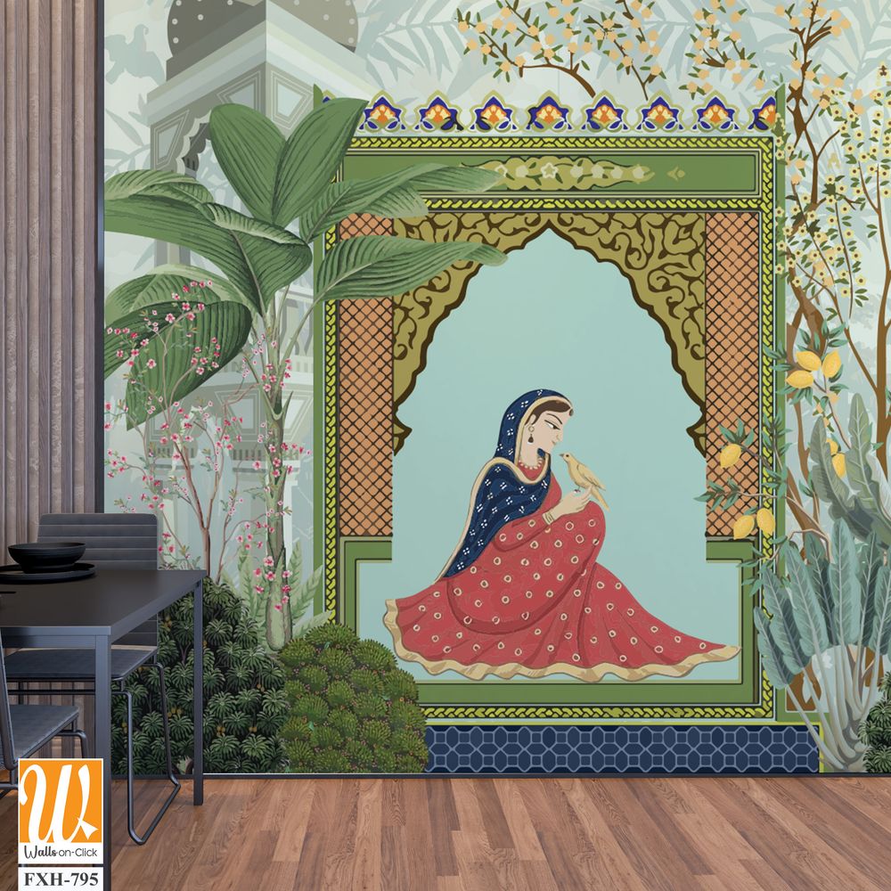 Traditional Indian wedding Background Wall Illustration, Mughal wedding Background Design, Wedding Invitation, Bride, Groom. [WP-FXH-795]