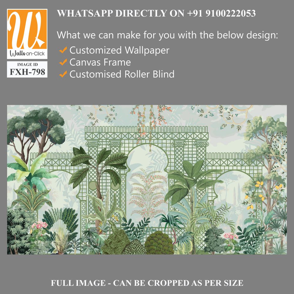 Mughal garden with plants tree palace illustration pattern for wallpaper, Mughal Mural background Design, Watercolor, Tropical Plant. [WP-FXH-798]