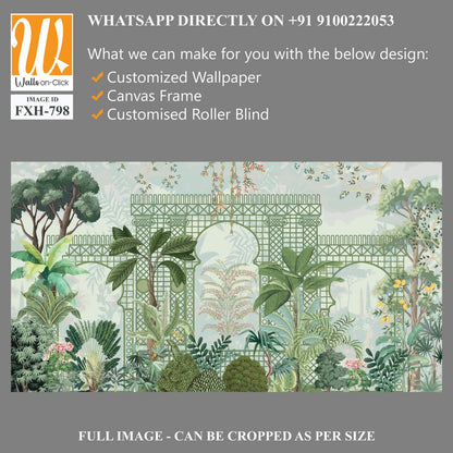 Mughal garden with plants tree palace illustration pattern for wallpaper, Mughal Mural background Design, Watercolor, Tropical Plant. [WP-FXH-798]