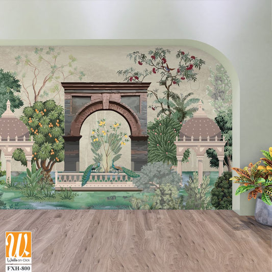 Traditional Mughal Mural wall, Mughal Garden Illustration, Tropical Plant, Dome. [WP-FXH-800]