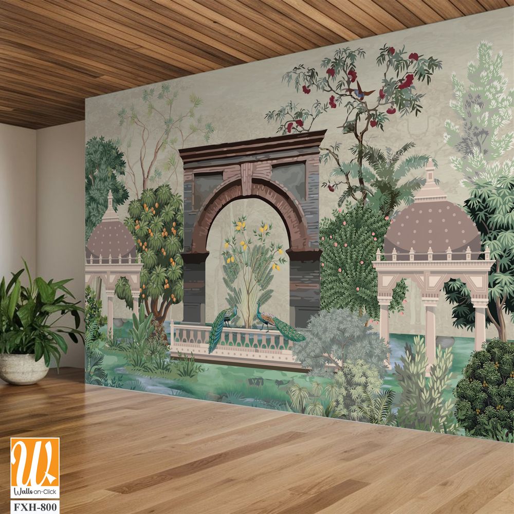 Traditional Mughal Mural wall, Mughal Garden Illustration, Tropical Plant, Dome. [WP-FXH-800]