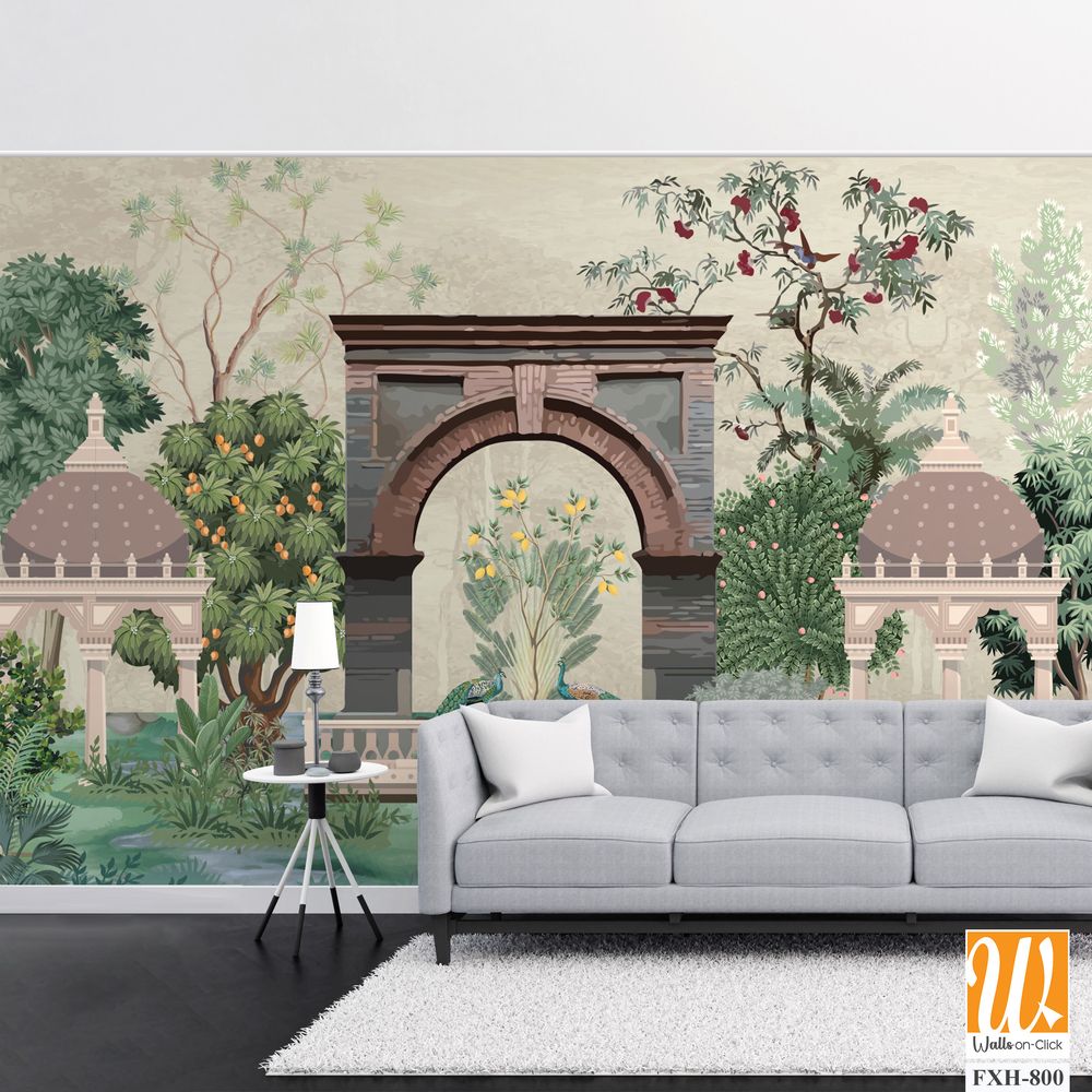 Traditional Mughal Mural wall, Mughal Garden Illustration, Tropical Plant, Dome. [WP-FXH-800]