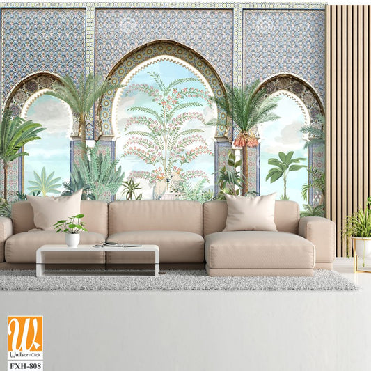 Moroccan wall Mural, Moroccan arch with garden Illustration. [WP-FXH-808]