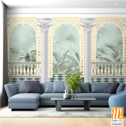 Vintage wallpaper with garden arch place. Antique scenic wallpaper. [WP-FXH-811]