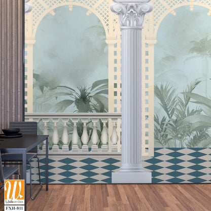 Vintage wallpaper with garden arch place. Antique scenic wallpaper. [WP-FXH-811]