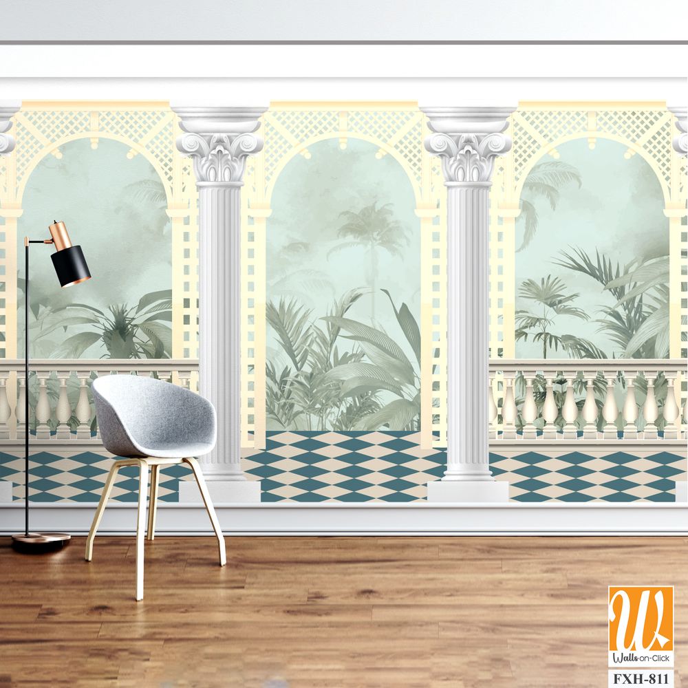 Vintage wallpaper with garden arch place. Antique scenic wallpaper. [WP-FXH-811]