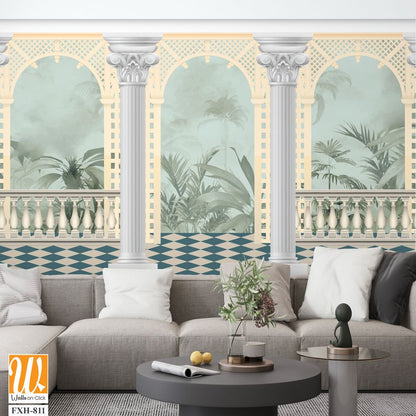 Vintage wallpaper with garden arch place. Antique scenic wallpaper. [WP-FXH-811]