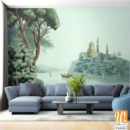 Antique scenic landscape wallpaper. Lake, Mural in the hills Vintage landscape wallpaper. [WP-FXH-812]