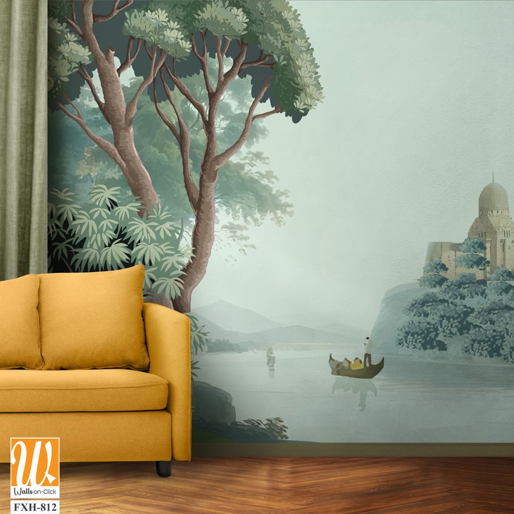 Antique scenic landscape wallpaper. Lake, Mural in the hills Vintage landscape wallpaper. [WP-FXH-812]