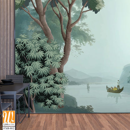 Antique scenic landscape wallpaper. Lake, Mural in the hills Vintage landscape wallpaper. [WP-FXH-812]