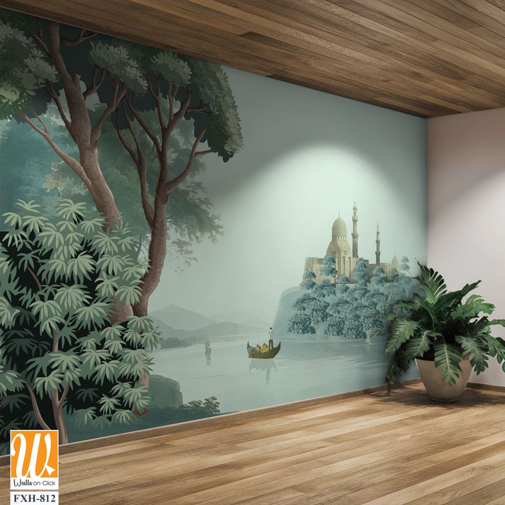 Antique scenic landscape wallpaper. Lake, Mural in the hills Vintage landscape wallpaper. [WP-FXH-812]