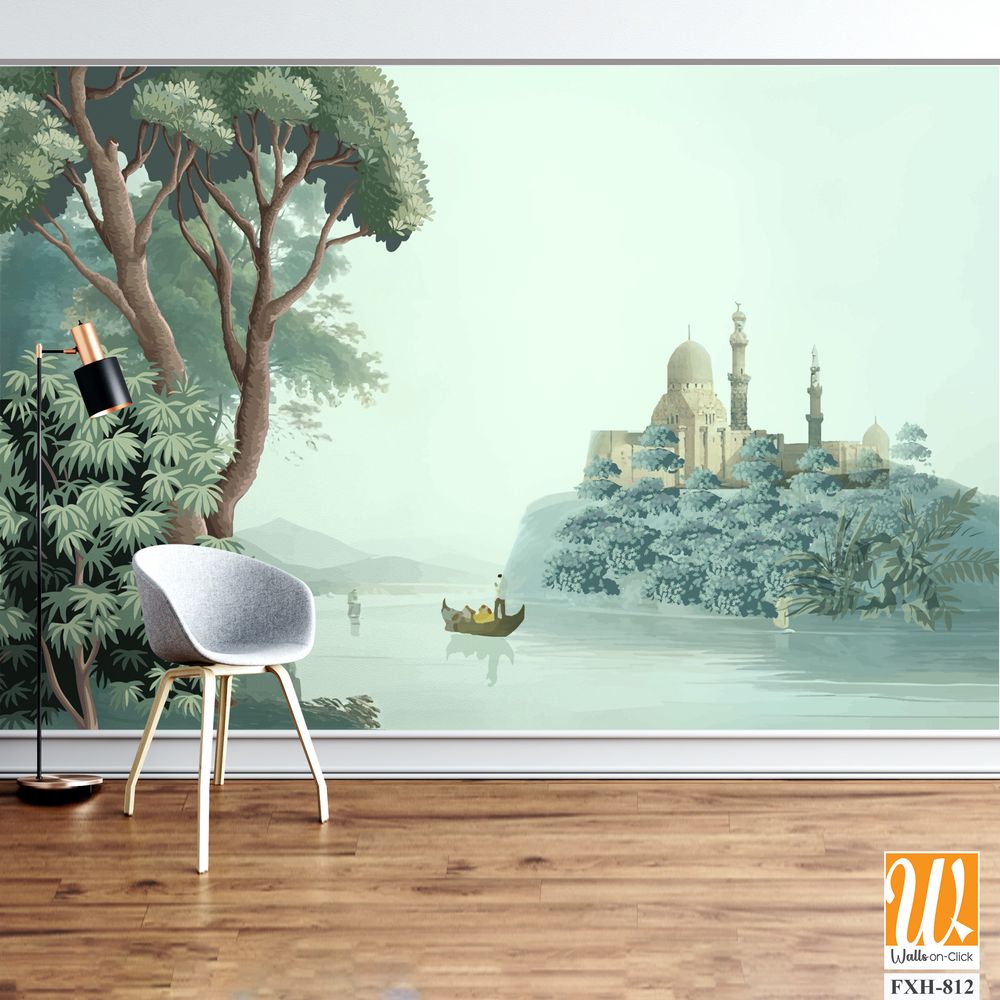 Antique scenic landscape wallpaper. Lake, Mural in the hills Vintage landscape wallpaper. [WP-FXH-812]