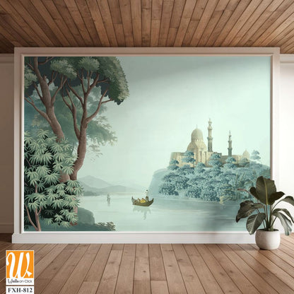 Antique scenic landscape wallpaper. Lake, Mural in the hills Vintage landscape wallpaper. [WP-FXH-812]