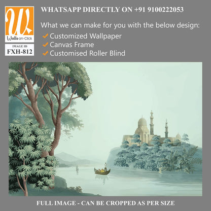 Antique scenic landscape wallpaper. Lake, Mural in the hills Vintage landscape wallpaper. [WP-FXH-812]