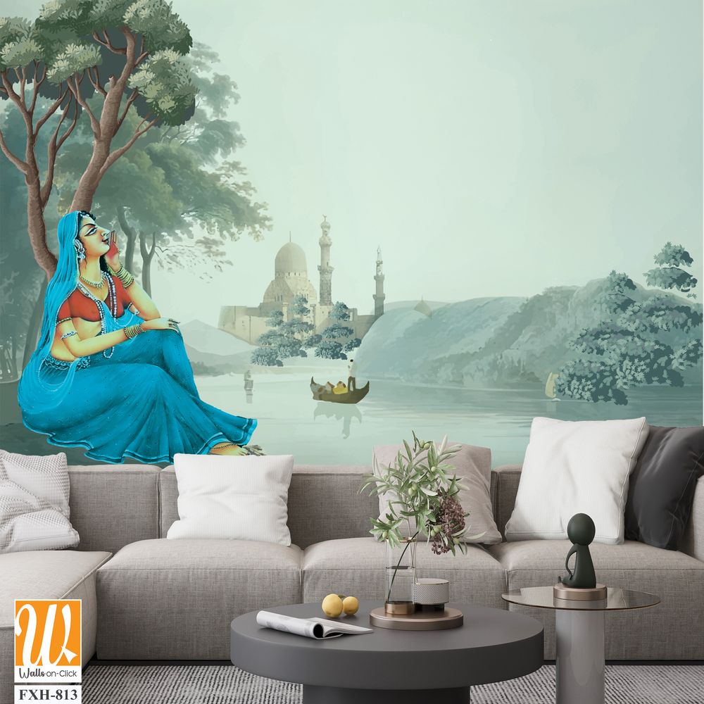 Mughal queen sitting in benefitplace, Antique scenic landscape wallpaper. Lake, Mural in the hills Vintage landscape wallpaper. [WP-FXH-813]