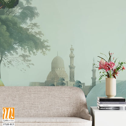 Mughal queen sitting in benefitplace, Antique scenic landscape wallpaper. Lake, Mural in the hills Vintage landscape wallpaper. [WP-FXH-813]